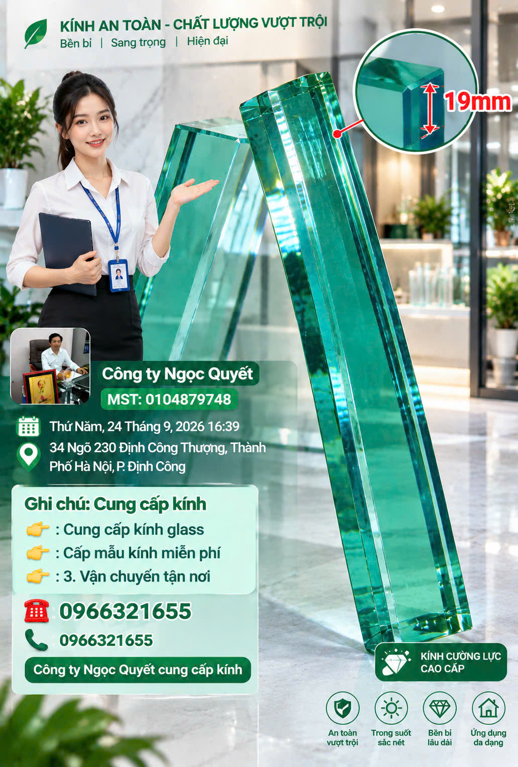 Kính cường lực màu xanh dày 19 mm do Công ty Ngọc Quyết cung cấp